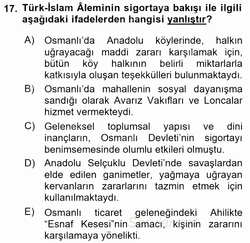 Bankacılık Ve Sigortacılığa Giriş 2015 - 2016 Tek Ders Sınavı 17.Soru