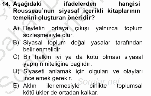 Siyasi Düşünceler Tarihi 2013 - 2014 Dönem Sonu Sınavı 14.Soru
