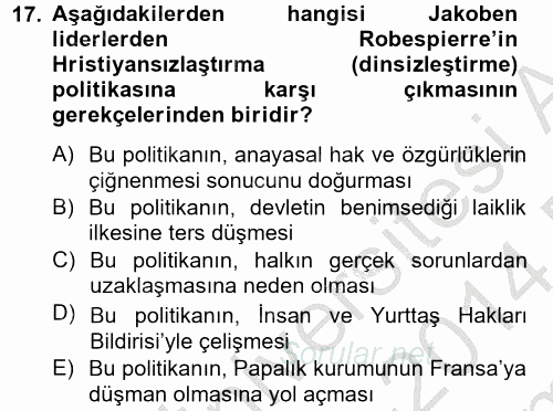 Siyasi Düşünceler Tarihi 2013 - 2014 Dönem Sonu Sınavı 17.Soru
