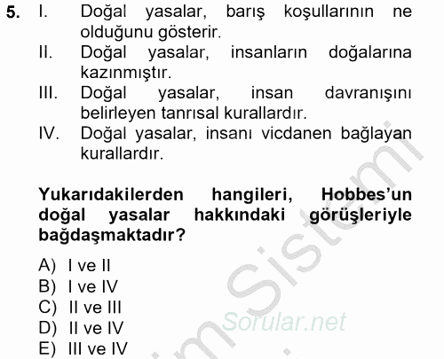 Siyasi Düşünceler Tarihi 2013 - 2014 Dönem Sonu Sınavı 5.Soru