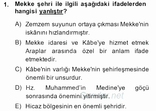 İslam Tarihi ve Medeniyeti 1 2013 - 2014 Dönem Sonu Sınavı 1.Soru