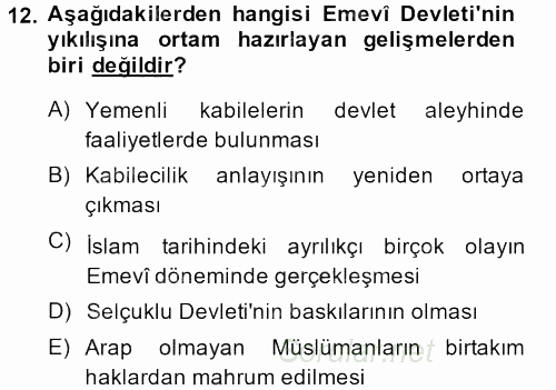 İslam Tarihi ve Medeniyeti 1 2013 - 2014 Dönem Sonu Sınavı 12.Soru