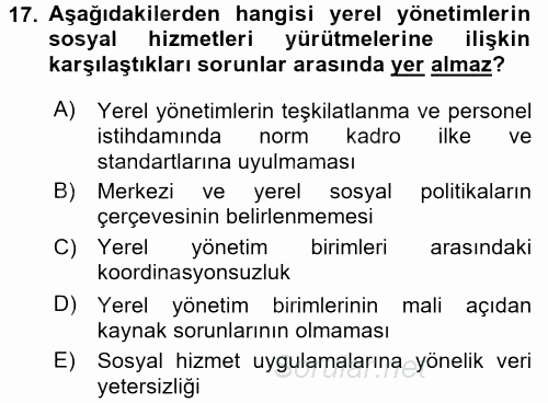 Sosyal Hizmet Yönetimi 2016 - 2017 Dönem Sonu Sınavı 17.Soru