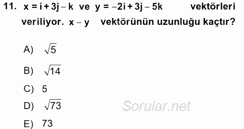 Coğrafi Bilgi Sistemleri İçin Temel Matematik 2017 - 2018 3 Ders Sınavı 11.Soru