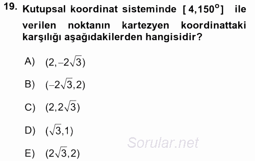 Coğrafi Bilgi Sistemleri İçin Temel Matematik 2017 - 2018 3 Ders Sınavı 19.Soru