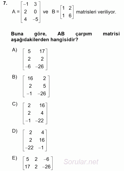 Coğrafi Bilgi Sistemleri İçin Temel Matematik 2017 - 2018 3 Ders Sınavı 7.Soru