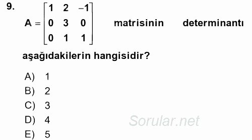 Coğrafi Bilgi Sistemleri İçin Temel Matematik 2017 - 2018 3 Ders Sınavı 9.Soru