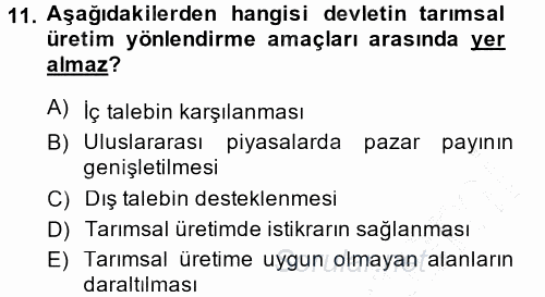 Tarım Ekonomisi ve Tarımsal Politikalar 2014 - 2015 Ara Sınavı 11.Soru