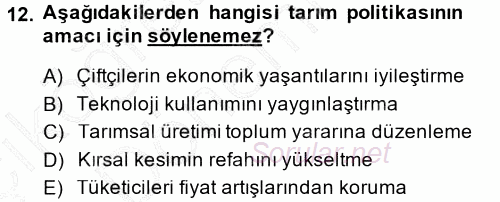 Tarım Ekonomisi ve Tarımsal Politikalar 2014 - 2015 Ara Sınavı 12.Soru