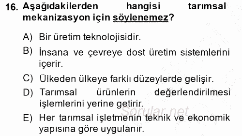 Tarım Ekonomisi ve Tarımsal Politikalar 2014 - 2015 Ara Sınavı 16.Soru