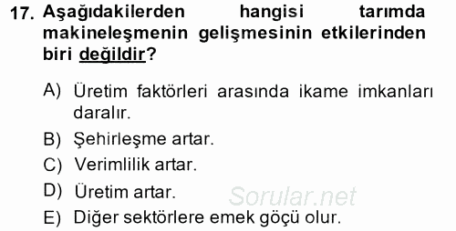 Tarım Ekonomisi ve Tarımsal Politikalar 2014 - 2015 Ara Sınavı 17.Soru