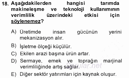 Tarım Ekonomisi ve Tarımsal Politikalar 2014 - 2015 Ara Sınavı 18.Soru