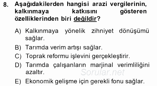 Tarım Ekonomisi ve Tarımsal Politikalar 2014 - 2015 Ara Sınavı 8.Soru