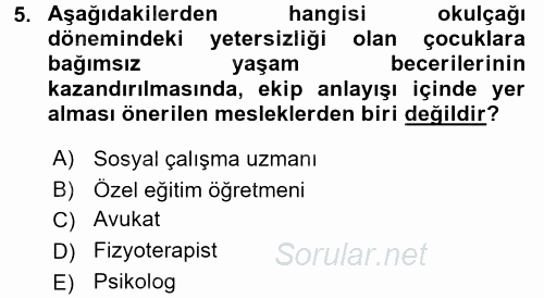 Özel Gereksinimli Bireyler ve Bakım Hizmetleri 2017 - 2018 Dönem Sonu Sınavı 5.Soru