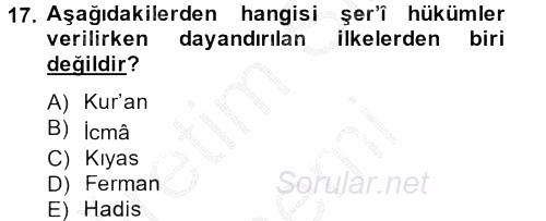 İslam Kurumları ve Medeniyeti 2012 - 2013 Dönem Sonu Sınavı 17.Soru