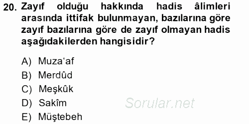 Hadis Tarihi ve Usulü 2014 - 2015 Tek Ders Sınavı 20.Soru