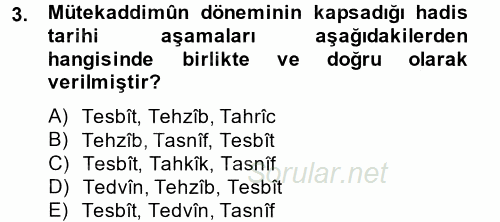 Hadis Tarihi ve Usulü 2014 - 2015 Tek Ders Sınavı 3.Soru