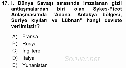 Osmanlı Tarihi (1876–1918) 2017 - 2018 Dönem Sonu Sınavı 17.Soru