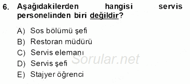 Yiyecek ve İçecek Yönetimi 2013 - 2014 Tek Ders Sınavı 6.Soru