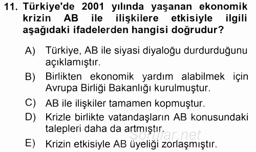 Türk Dış Politikası 2 2015 - 2016 Dönem Sonu Sınavı 11.Soru