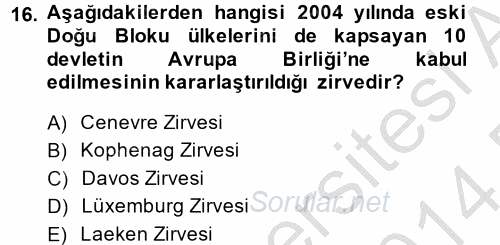 Siyasi Tarih 2 2013 - 2014 Dönem Sonu Sınavı 16.Soru