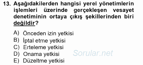 Yerel Yönetimler 2014 - 2015 Tek Ders Sınavı 13.Soru