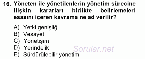 Yerel Yönetimler 2014 - 2015 Tek Ders Sınavı 16.Soru