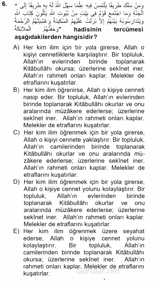 Hadis 2013 - 2014 Tek Ders Sınavı 6.Soru