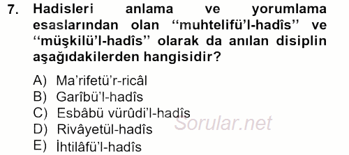 Hadis 2013 - 2014 Tek Ders Sınavı 7.Soru