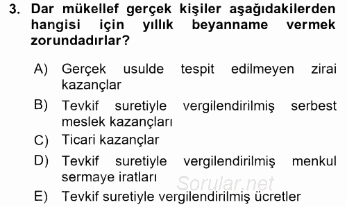Özel Vergi Hukuku 1 2017 - 2018 Ara Sınavı 3.Soru