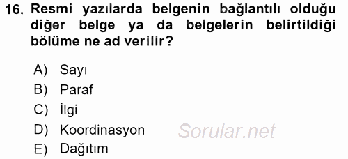 Mesleki Yazışmalar 2017 - 2018 Ara Sınavı 16.Soru