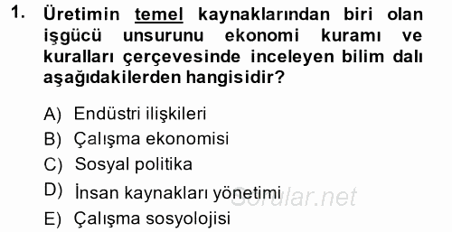 Endüstri İlişkileri 2014 - 2015 Dönem Sonu Sınavı 1.Soru