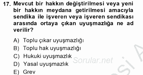 Endüstri İlişkileri 2014 - 2015 Dönem Sonu Sınavı 17.Soru