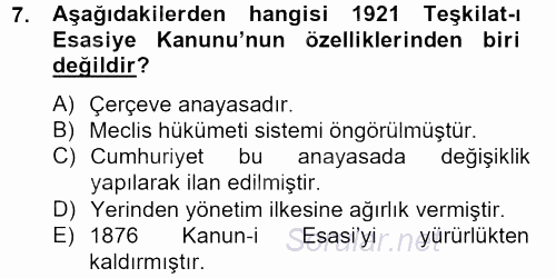 Türk Siyasal Hayatı 2012 - 2013 Dönem Sonu Sınavı 7.Soru