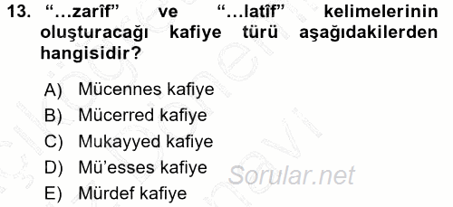 Eski Türk Edebiyatına Giriş: Biçim ve Ölçü 2015 - 2016 Dönem Sonu Sınavı 13.Soru