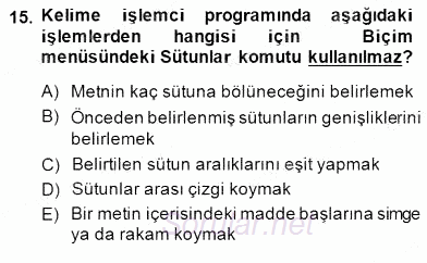 Bilgisayar 1 2014 - 2015 Ara Sınavı 15.Soru