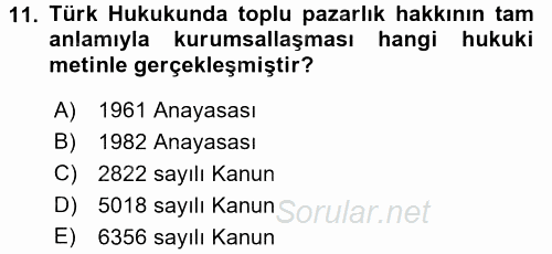 Toplu İş Hukuku 2017 - 2018 Dönem Sonu Sınavı 11.Soru