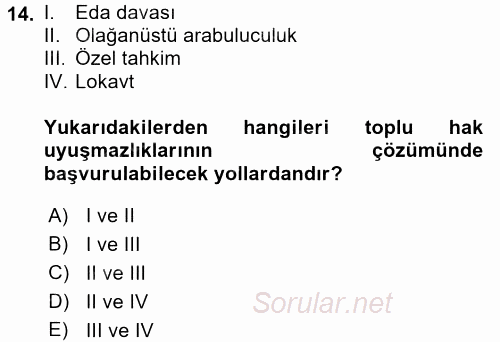 Toplu İş Hukuku 2017 - 2018 Dönem Sonu Sınavı 14.Soru