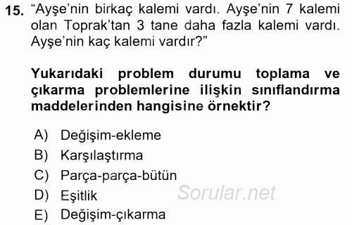 Okulöncesinde Matematik Eğitimi 2017 - 2018 Dönem Sonu Sınavı 15.Soru