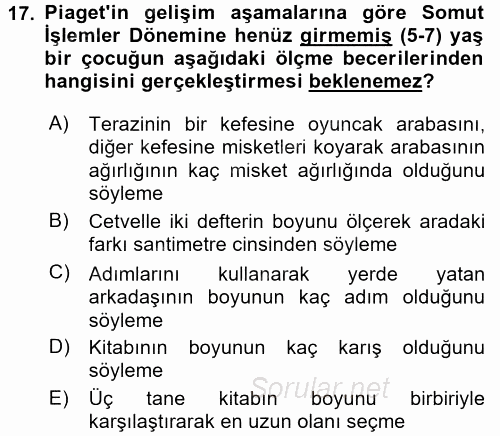 Okulöncesinde Matematik Eğitimi 2017 - 2018 Dönem Sonu Sınavı 17.Soru