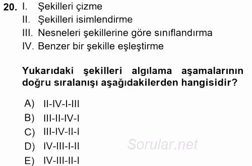 Okulöncesinde Matematik Eğitimi 2017 - 2018 Dönem Sonu Sınavı 20.Soru