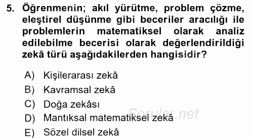 Okulöncesinde Matematik Eğitimi 2017 - 2018 Dönem Sonu Sınavı 5.Soru