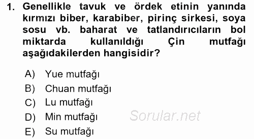 Dünya Mutfakları 2 2016 - 2017 Dönem Sonu Sınavı 1.Soru