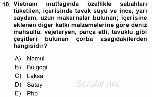 Dünya Mutfakları 2 2016 - 2017 Dönem Sonu Sınavı 10.Soru