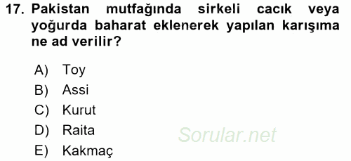Dünya Mutfakları 2 2016 - 2017 Dönem Sonu Sınavı 17.Soru