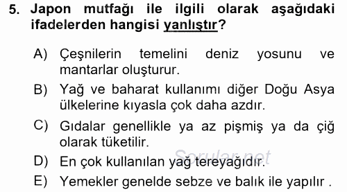 Dünya Mutfakları 2 2016 - 2017 Dönem Sonu Sınavı 5.Soru