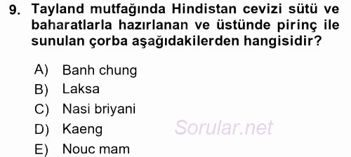 Dünya Mutfakları 2 2016 - 2017 Dönem Sonu Sınavı 9.Soru