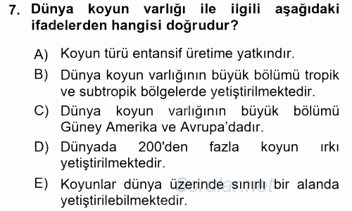 Hayvan Yetiştirme 2016 - 2017 Dönem Sonu Sınavı 7.Soru