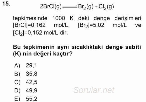 Genel Kimya 2 2017 - 2018 3 Ders Sınavı 15.Soru