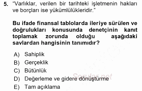 Muhasebe Denetimi 2015 - 2016 Dönem Sonu Sınavı 5.Soru